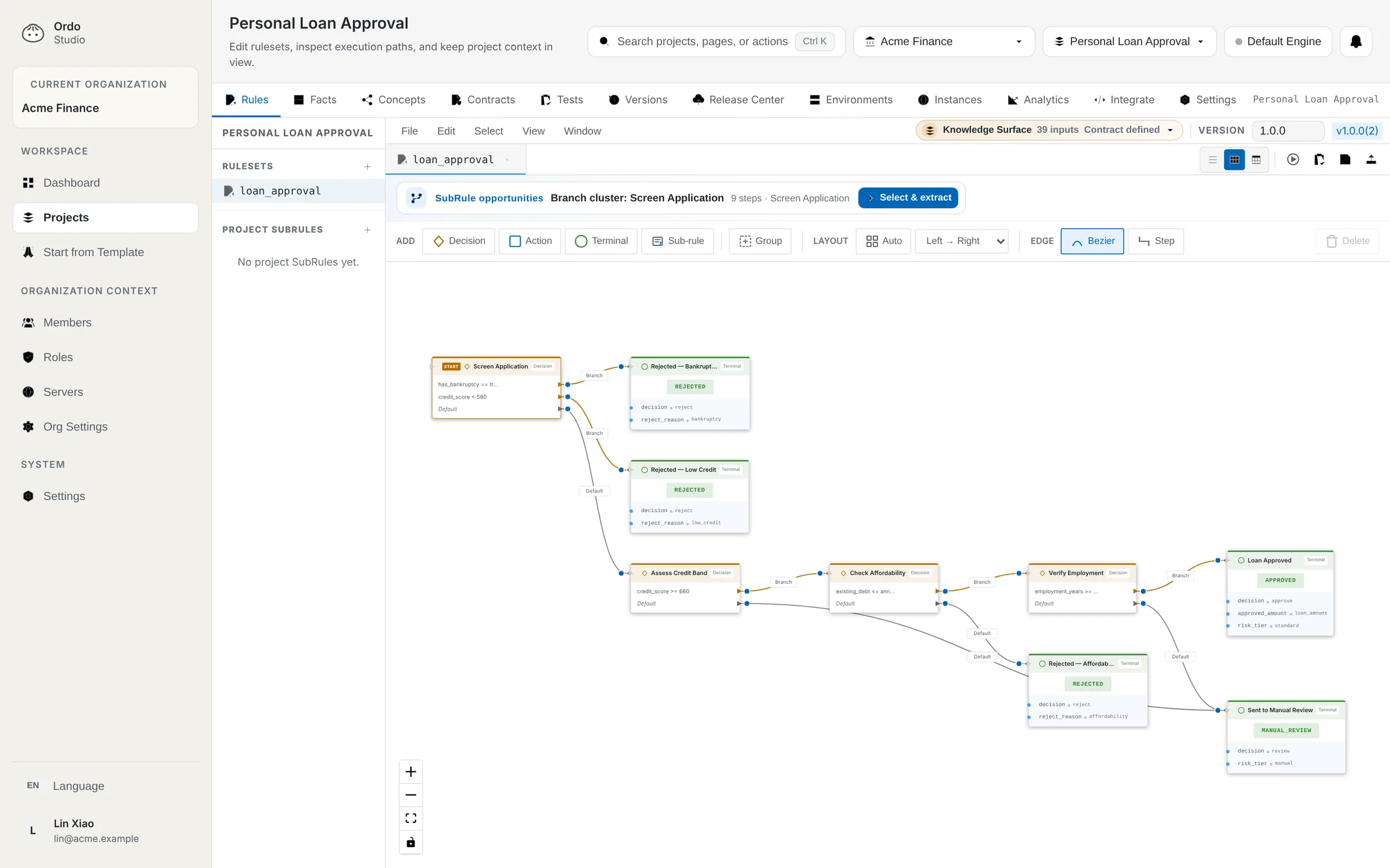 Ordo Studio showing a loan approval ruleset as a flow