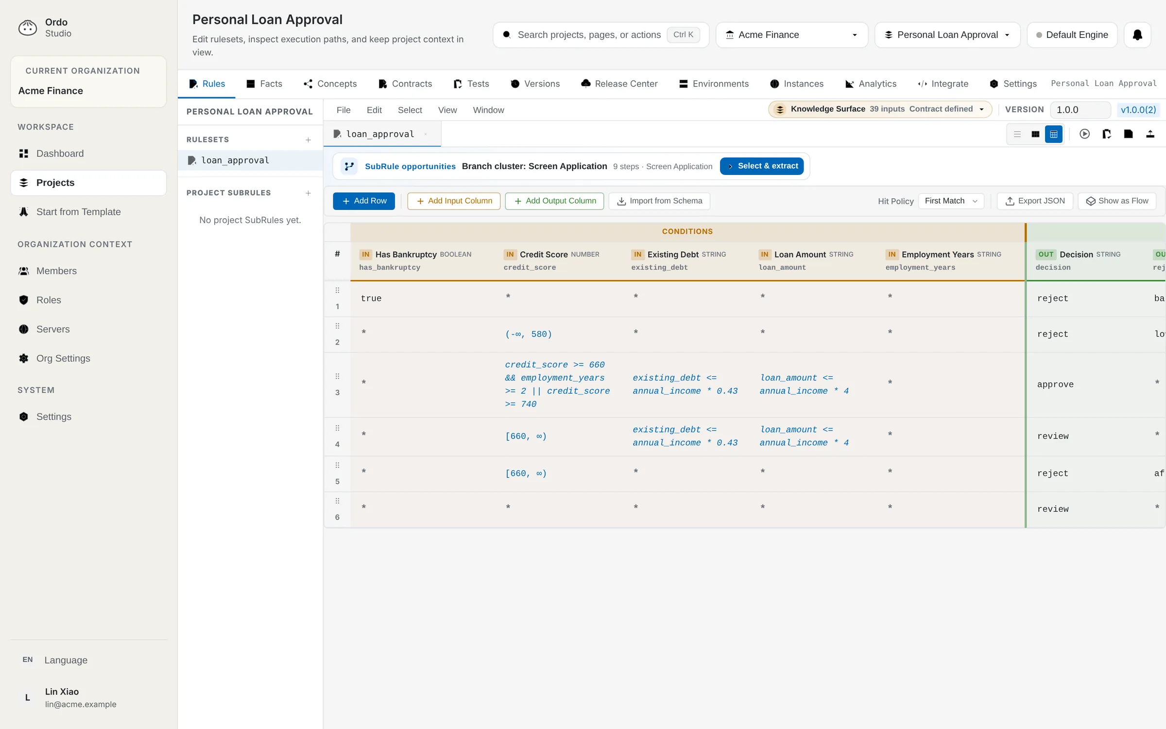 Ordo Studio showing the same loan approval ruleset as a decision table